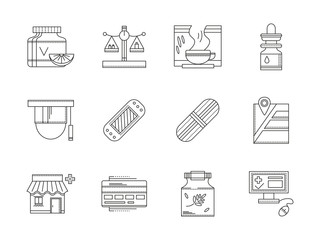 Pharmacy flat line vector icons set
