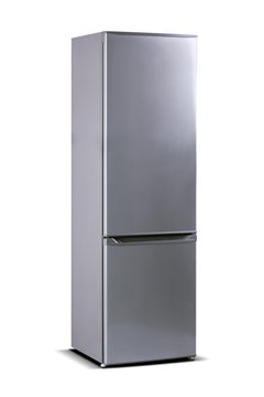 Gray steel refrigerator isolated on white, fridge freezer