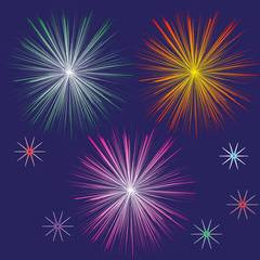 Set of fireworks in the night sky
Drawing set of  three festive fireworks and five different color stars in the night dark blue sky
