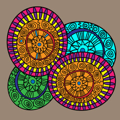 Illustration of four art object in the style of ethnic doodle
Drawing four colorful art object in the style of ethnic doodle with different patterns on pastel background
