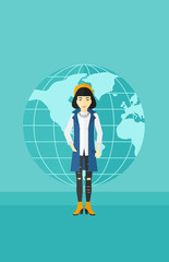 Business woman standing on globe background.