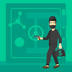 Robber with gun near safe.