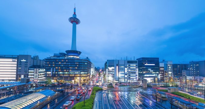 4K Timelapse Sunset of Kyoto, Japan downtown skyline