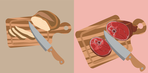 Порезанный хлеб на кухонной доске и ветчина и кусок ветчины на кухонной доске 