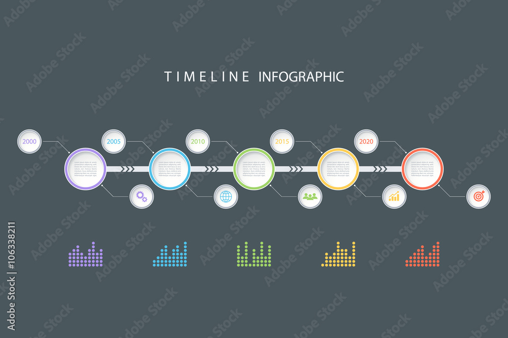 Poster Timeline infographic design template with diagrams and icons. Vector illustration for workflow layout, diagram, number options, web design.