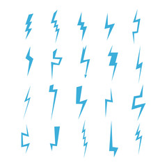 Lightning silhouette. Lightning bolt icon. Set of blue thunderbolt silhouettes. Lightning strike. Vector illustration.