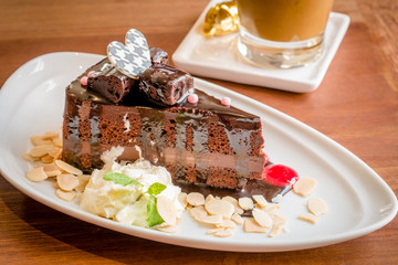 Delicious chocolate cake on plate