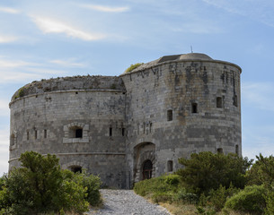Fototapeta na wymiar Punta di Arza is an Austro-Hungarian fort at the Cape of Miriste. Adriatic Sea