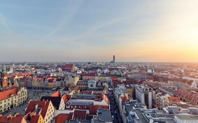 Fototapeta na wymiar Urban buildings of the Wroclaw city at sunset, Poland
