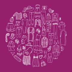 Vector set of different women clothes and accessories, from underwear to outerwear. Fashion doodle collection, groupped in circle.