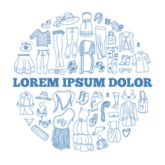 Vector set of different women clothes and accessories, from underwear to outerwear. Fashion doodle collection, groupped in circle with place for text.