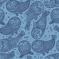 Stylish seamless texture with doodled Baikal seals in blue color