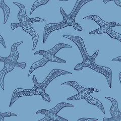 Stylish seamless texture with doodled Baikal gull in blue colors