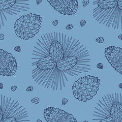 Stylish seamless texture with doodled Baikal pinecones in blue c