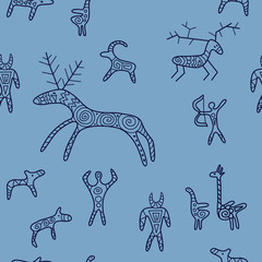 Stylish seamless texture with doodled Baikal petroglyphs in blue