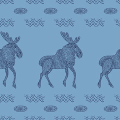 Stylish seamless texture with doodled Baikal elk in blue colors