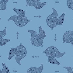 Stylish seamless texture with doodled Baikal squirrel in blue co
