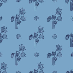Stylish seamless texture with doodled Baikal snowdrop in blue co