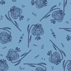 Stylish seamless texture with doodled Baikal lily in blue colors