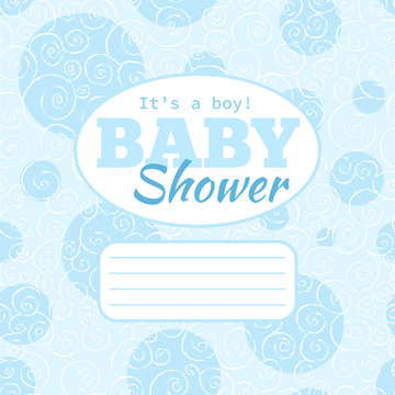 Vector blue baby shower party invitation (baby boy) with doodled swirls and empty space for text. Background is seamless pattern, may be used separately for other printed works. 