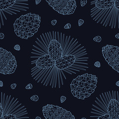 Stylish seamless texture with doodled Baikal pinecones in blue colors in vector.