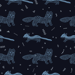 Stylish seamless texture with doodled Baikal mustelidae and chipmunk in blue colors in vector.
