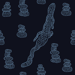 Stylish seamless texture with doodled contour of lake Baikal and cairns in blue colors in vector.