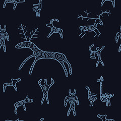 Stylish seamless texture with doodled Baikal petroglyphs in blue colors in vector.