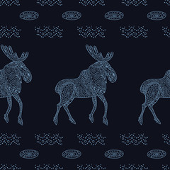 Stylish seamless texture with doodled Baikal elk in blue colors in vector.