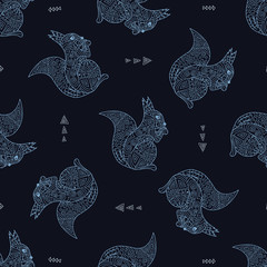 Stylish seamless texture with doodled Baikal squirrel in blue colors in vector.