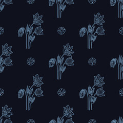 Stylish seamless texture with doodled Baikal snowdrop in blue colors in vector.