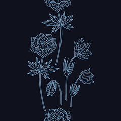 Stylish seamless texture with doodled Baikal snowdrop and kupalnitsa in blue colors in vector.