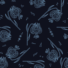 Stylish seamless texture with doodled Baikal lily in blue colors in vector.
