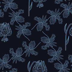 Stylish seamless texture with doodled Baikal lily and orchid in blue colors in vector.