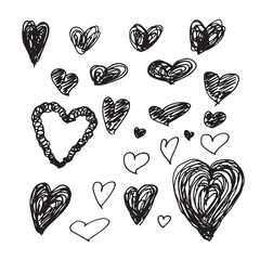 Collection of hand-drawn sketch hearts for Valentines Day design