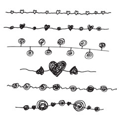 Vector lines set of hearts on a white background. Hand drawn str