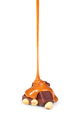 sweet caramel sauce is poured on a chocolate bar