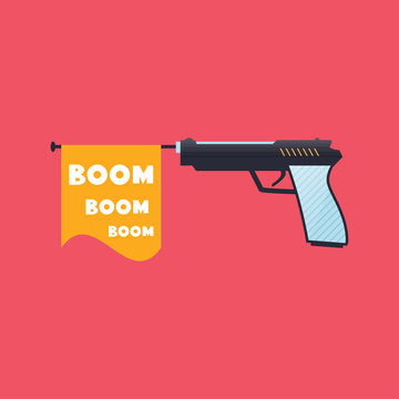 Firing gun with the Boom flag, illustration