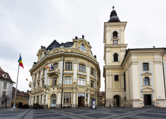 Fototapeta na wymiar Sibiu city downtown with cloudy sky in Romania