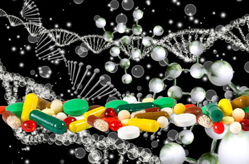 image of pills on dna chain background close up