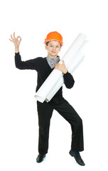the boy in the construction helmet with drawings