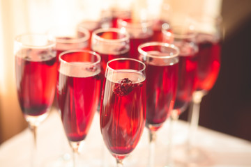 Beautiful row line of different colored alcohol cocktails with mint on a christmas party, martini, vodka,and others on decorated catering bouquet table on open air event, picture with beautiful bokeh