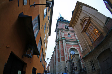 Fototapeta premium An old street in the Gamla Stan (The Old Town) area of Stockholm, Sweden. January 06, 2013