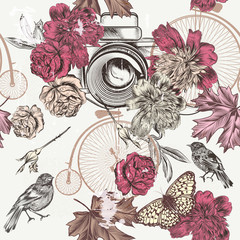 Fashion seamless background hand drawn vintage camera flowers bi