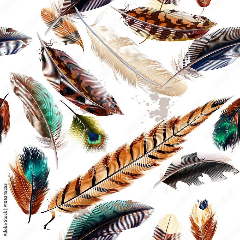 Poster Seamless pattern with colorful and engraved feathers