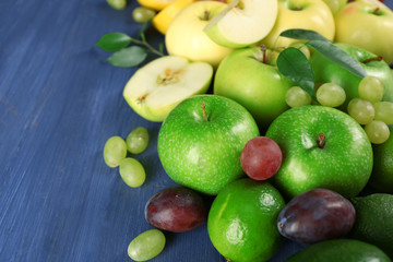Fruits on dark blue wooden background