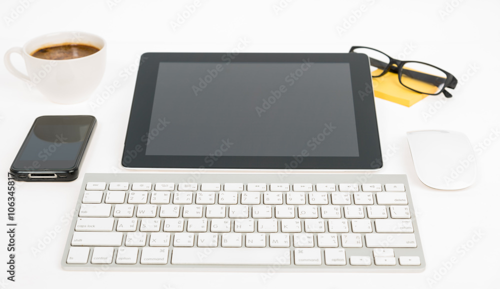 Poster digital tablet touch pad computer with keyboard, mouse and coffe