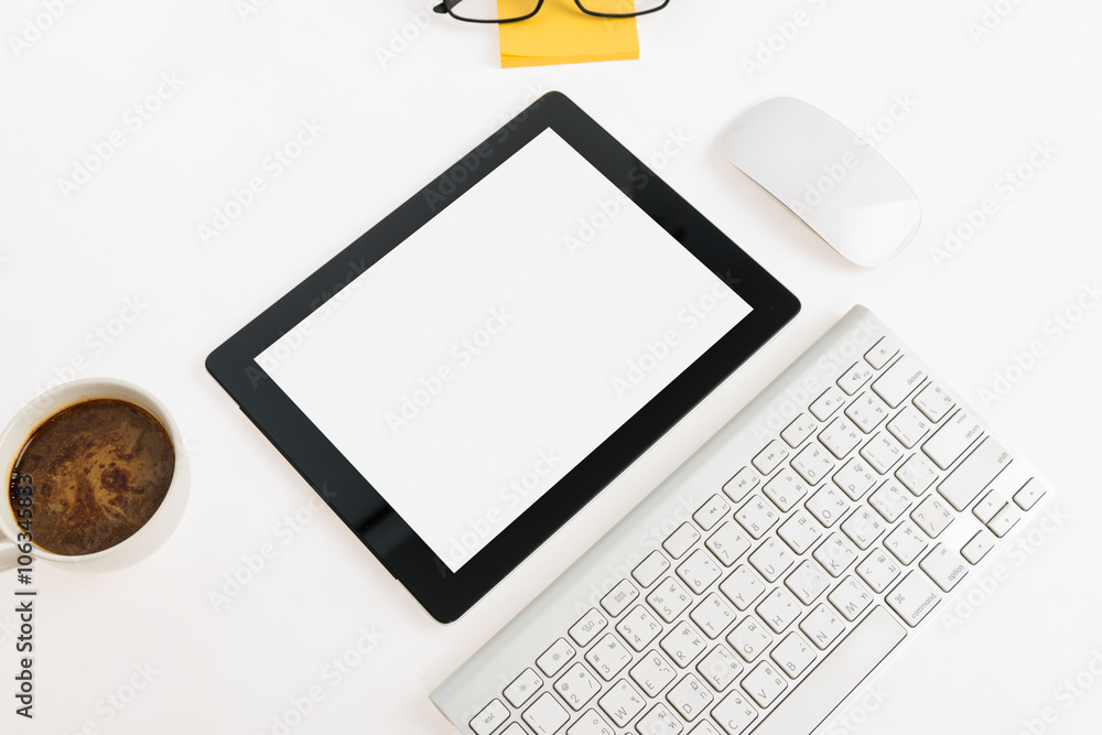 Poster digital tablet touch pad computer with keyboard, mouse and coffe
