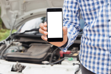 man showing phone blank screen call emergency service concept