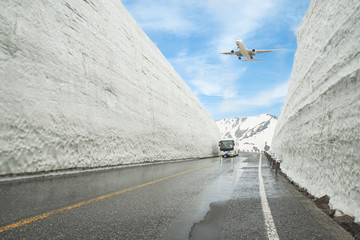 Airplane flying over Tateyama Kurobe Alpine Route, Toyama Prefec